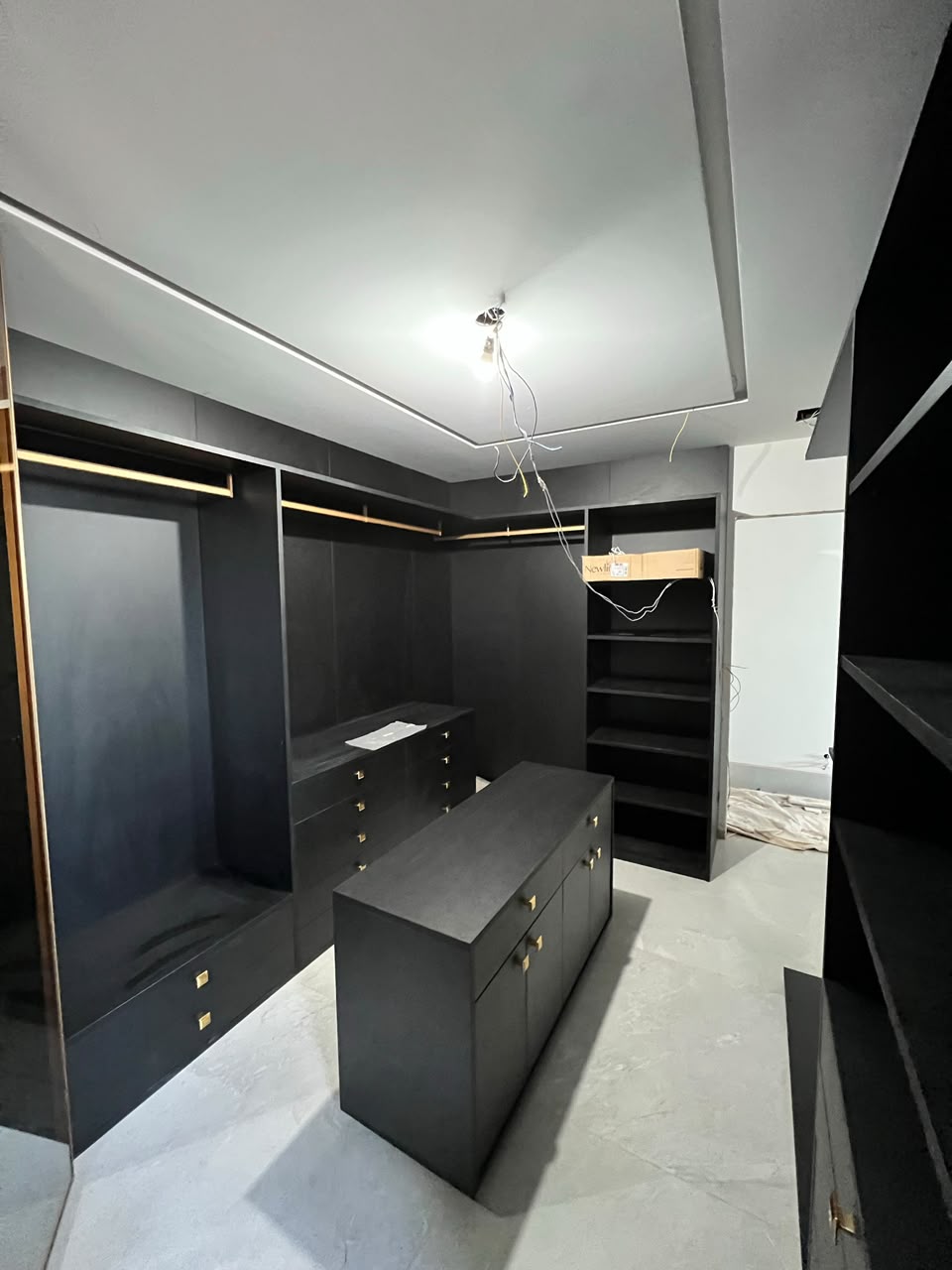 Black walk-in closet with gold accents